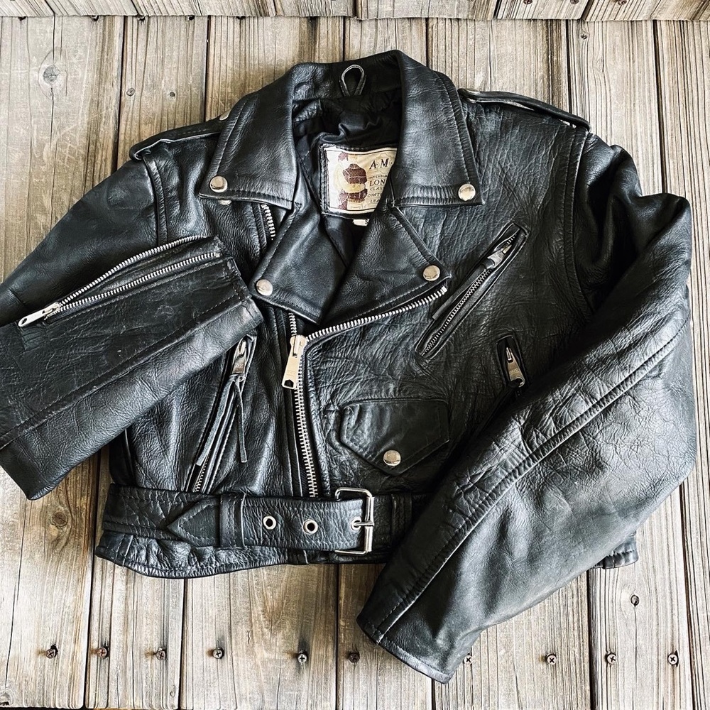A.M.I. London : Black real leather Motorcycle Jacket Small & Crop fit